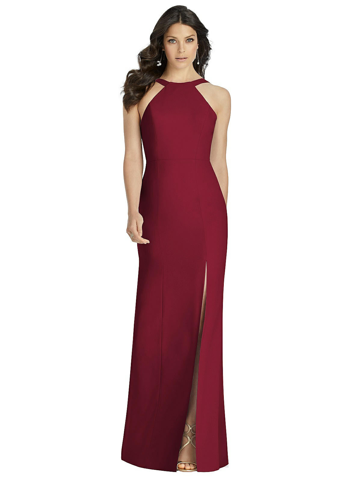 

Креповое платье-труба с высоким воротом и открытой спиной Dessy Collection, цвет burgundy
