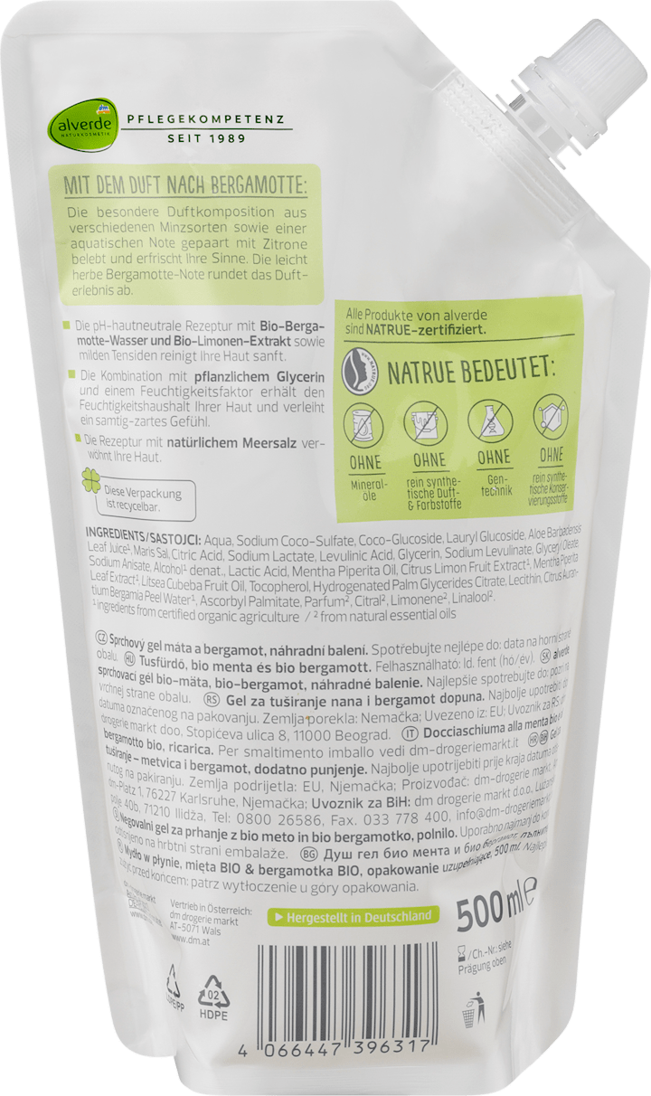 Гель для душа alverde NATURKOSMETIK Duschgel Zeit für Glück Minze Bergamotte Nachfüllbeutel, 500 ml — фото 2