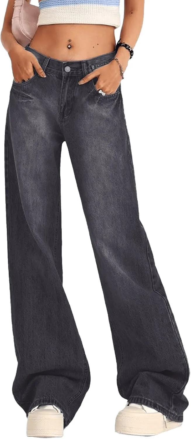 

Viatabuna женские джинсы low rise wide leg light washed blue straight baggy