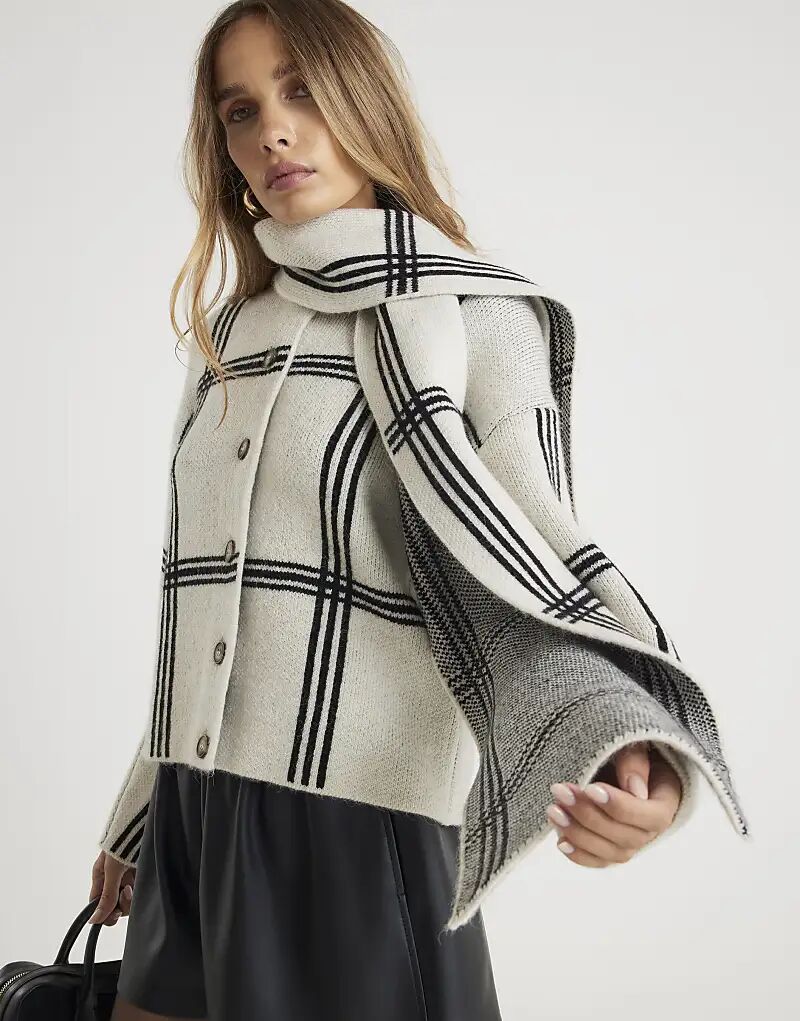

Вязаный кардиган-халат River Island с клетчатым принтом, серый - светлый