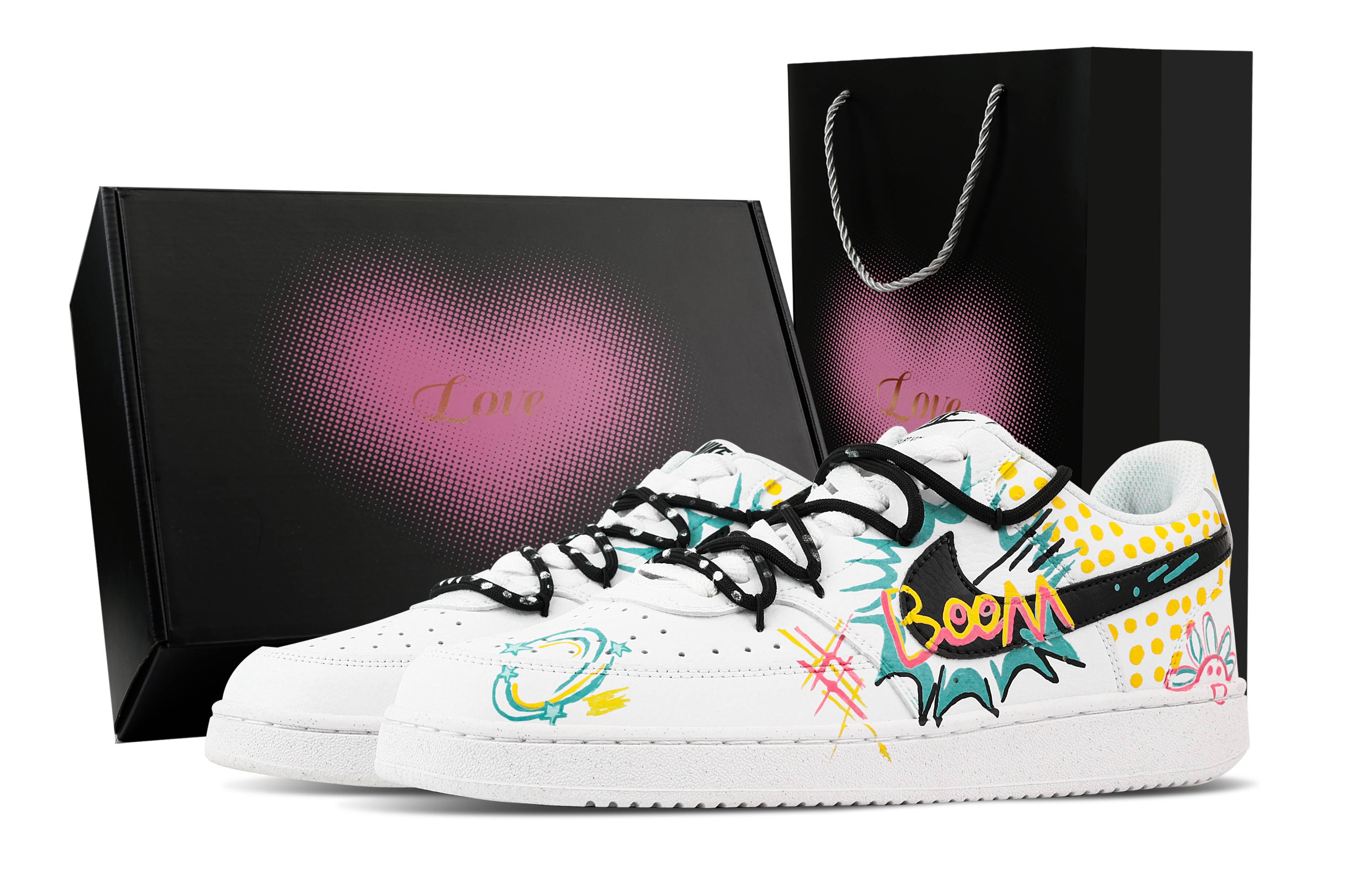 

Nike Кроссовки Court Vision 1 Pope Arts, Heart Box, износостойкие, низкие, для скейтбординга, мужские, белые, желтые, голубые