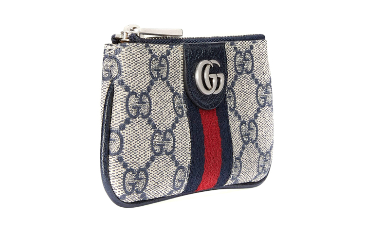 GUCCI Кошелек для монет и ключей Ophidia из холста с кожаным шармом женский синий и бежевый — фото 3