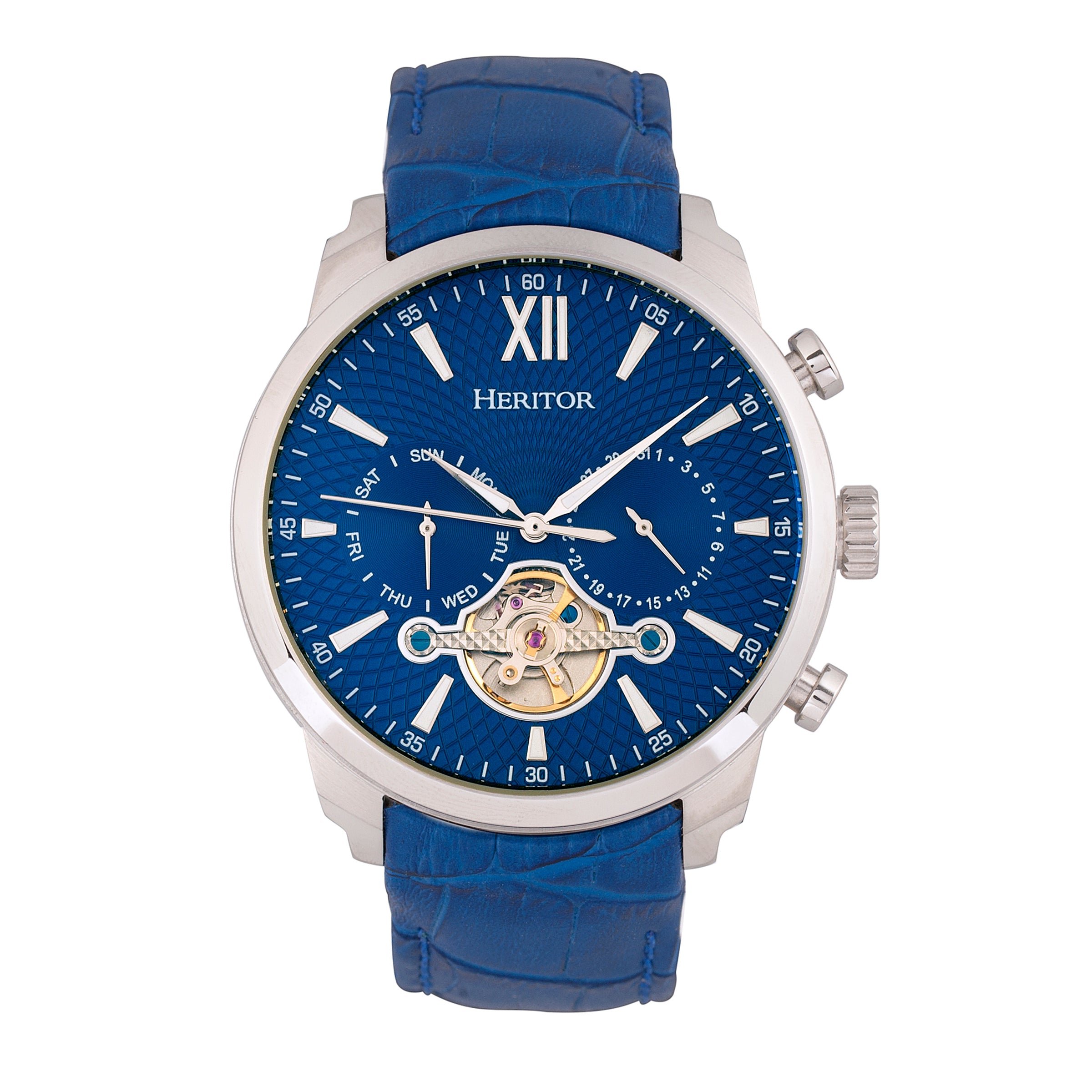 

Часы Arthur Semi-Skeleton с кожаным ремешком, с указателем дня недели и даты Heritor Automatic, синий