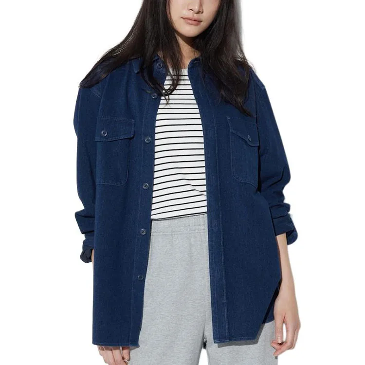 UNIQLO Рубашка унисекс 67 sea blue с заостренным воротником в стиле умеренного рабочего стиля — фото 4