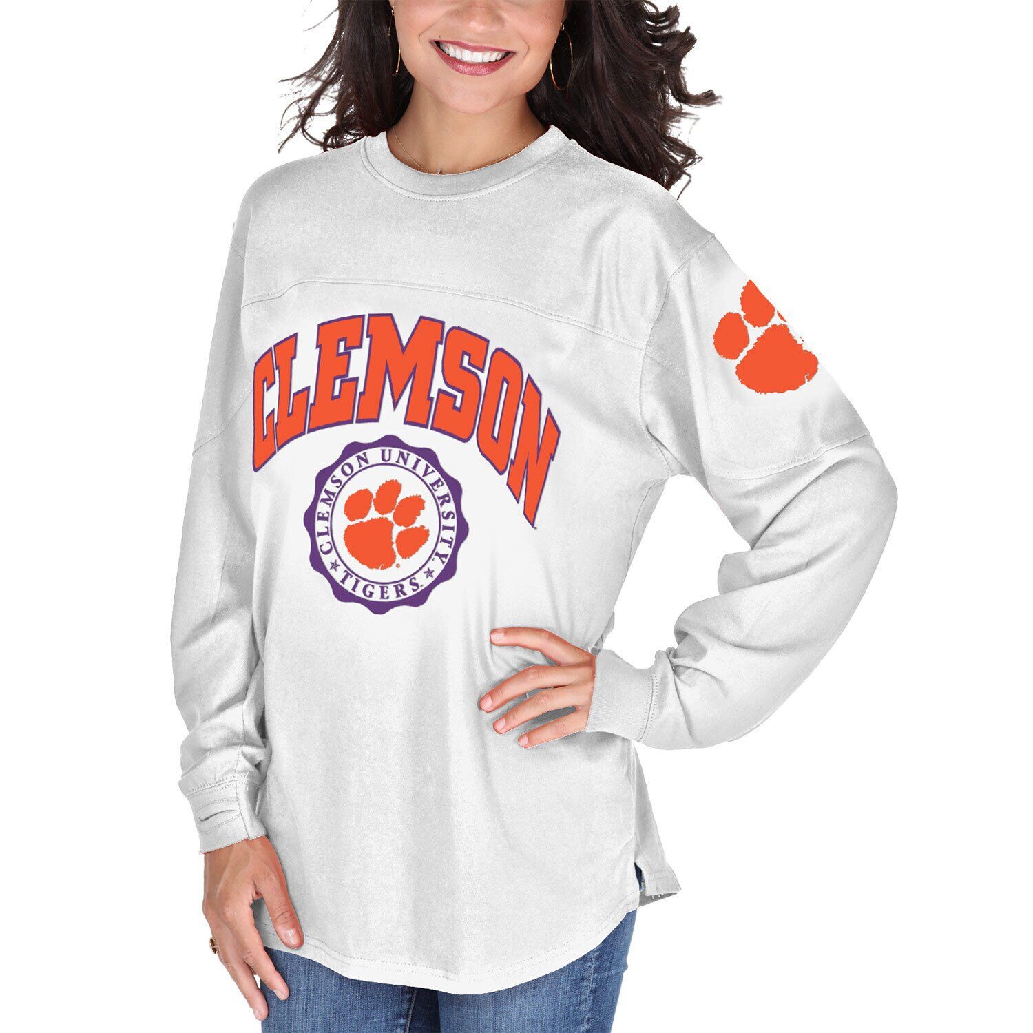 

Женская белая футболка с длинным рукавом Clemson Tigers Edith, Белый, Женская белая футболка с длинным рукавом Clemson Tigers Edith