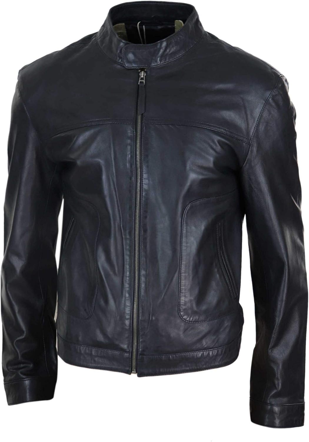 Mens Classic Casual Genuine Leather Biker Style Jacket Collarless Retro Infinity Leather, черный — фото 2