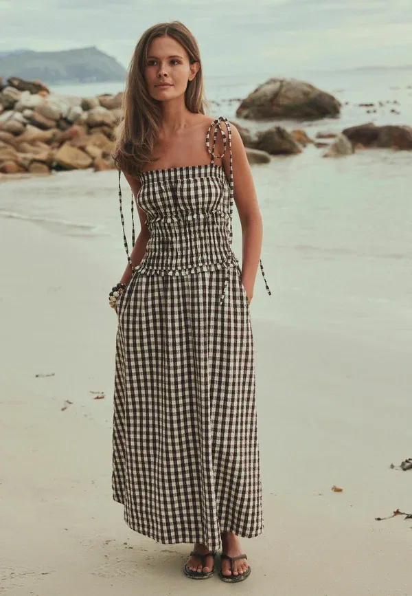 Платье макси с бандо Next, Tall fit bandeau maxi dress, шоколадно-коричневая клетка