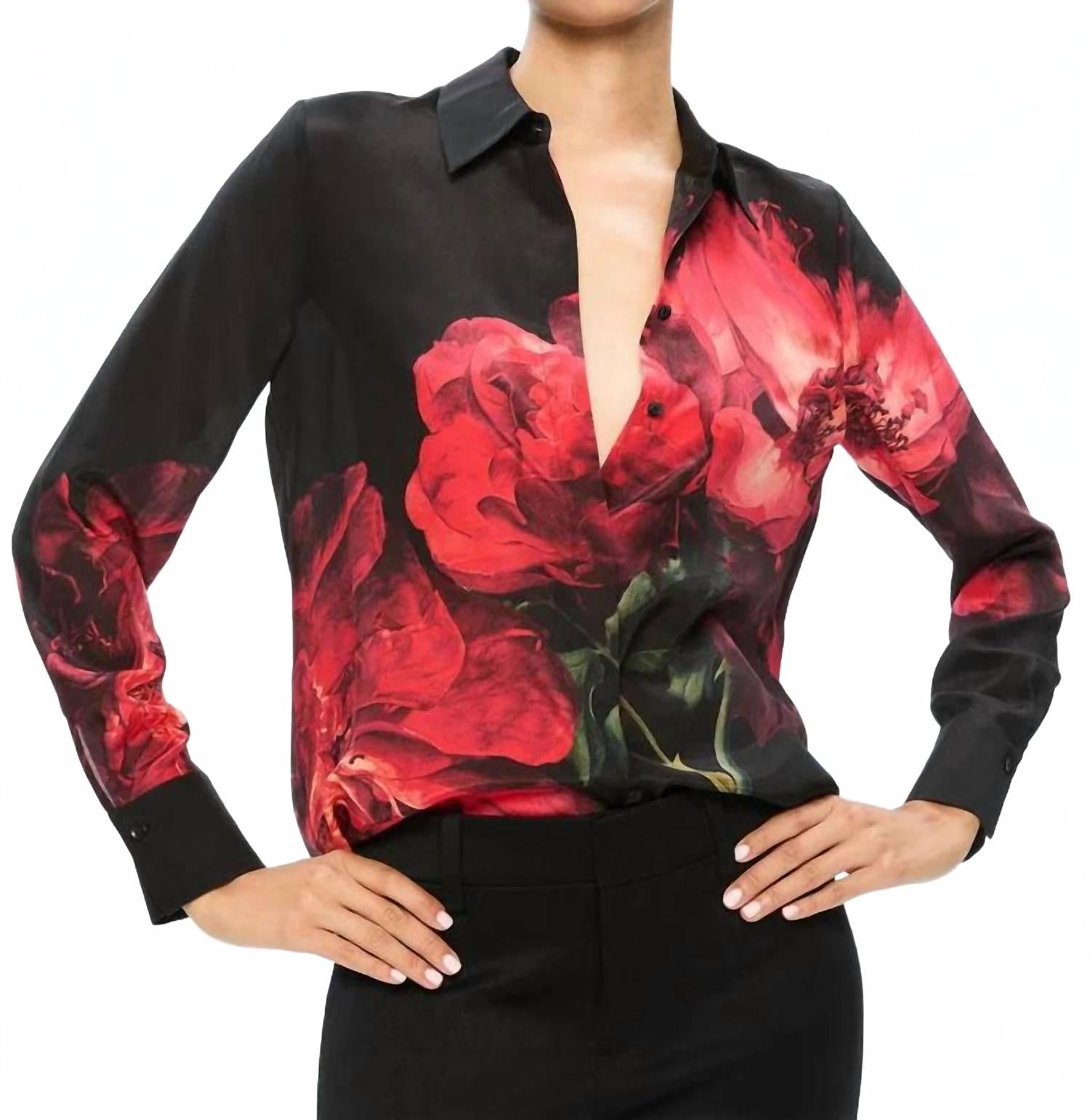 

Брэди Слим Баттон Даун Топ В Пиони Петалс Брайт Руби Alice + olivia, Peony Petals Bright Ruby