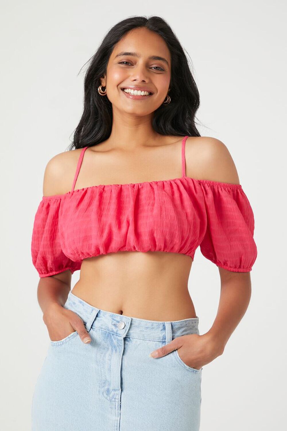 

Шифоновый укороченный топ с открытыми плечами Forever 21, розовый
