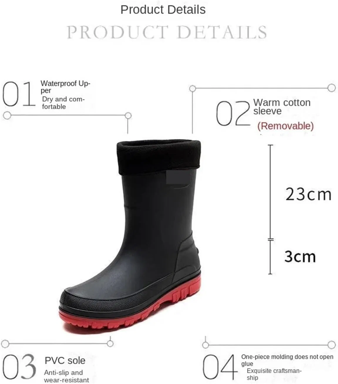 Ботинки Verschleißfeste Herrenschuhe, rutschfest, bequem, wasserdicht, Regenstiefel for Herren ohne Schnürung, Gummistiefel for Gartenarbeit Für Industrie Handwerk ZIHDKE, Black Red (Plush) — фото 4