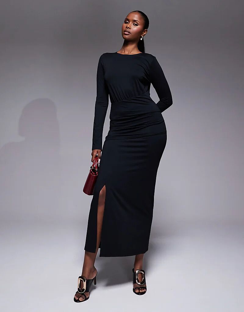 

Платье макси ASOS DESIGN с присборенной талией и разрезом спереди, черное