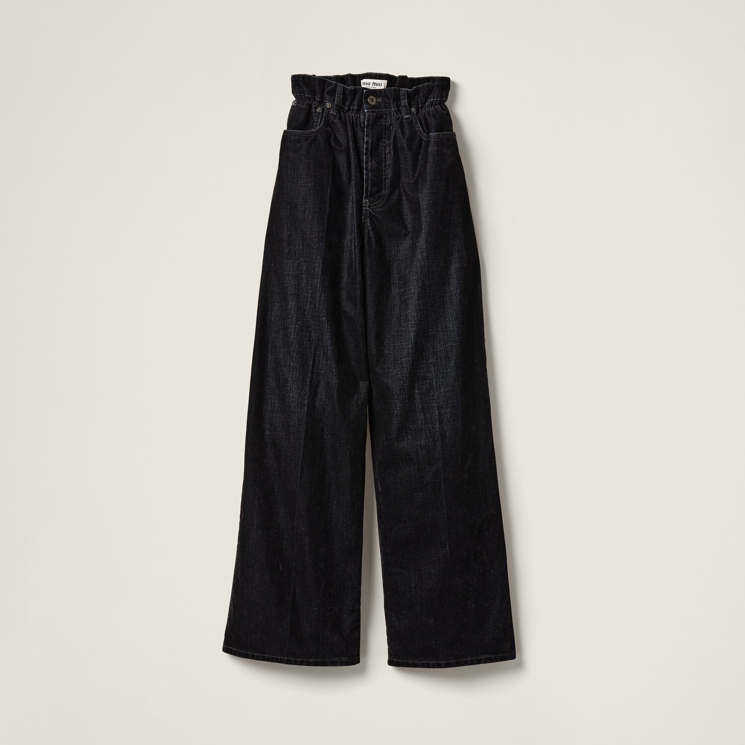 

Выстиранные флокированные брюки из шамбре MIU MIU, черный