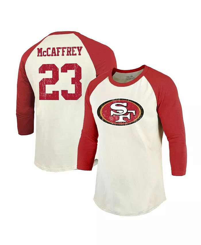 

Мужская футболка Threads Christian McCaffrey Cream, Scarlet San Francisco 49ers с именем и номером игрока, рукав реглан 3/4 Majestic