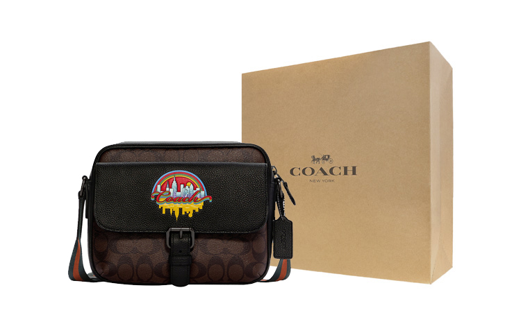 

COACH Сумка через плечо из холста с кожаными вставками среднего размера мужская тёмно-коричневая и чёрная