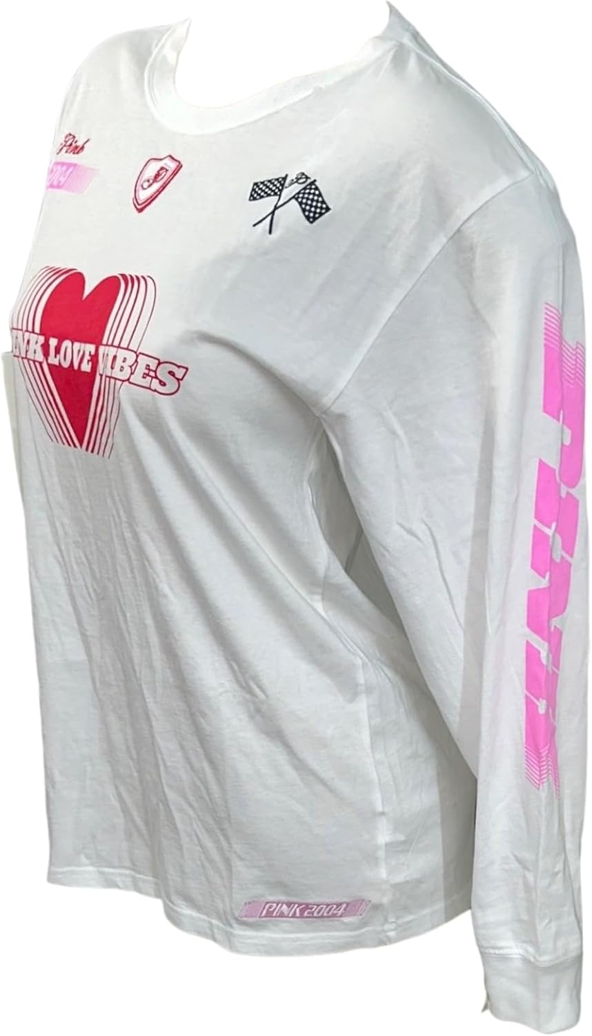 

Victoria's Secret Pink Cotton Campus длинный рукав оверсайз футболка с круглым вырезом цвет White New, White Racing, Белый, Victoria's Secret Pink Cotton Campus длинный рукав оверсайз футболка с круглым вырезом цвет White New, White Racing