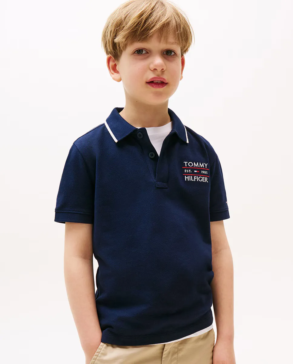 

Детский поло с коротким рукавом, однотонный, с логотипом на груди Tommy Hilfiger, синий