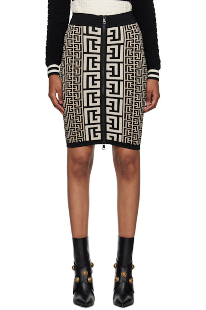 

Юбка миди с монограммой черного и белого цвета Balmain