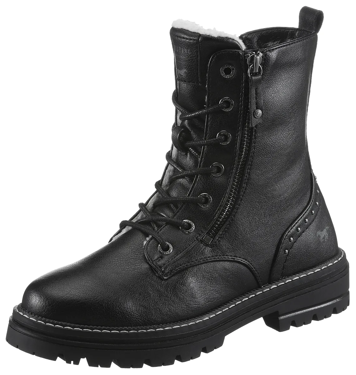 Зимние ботинки Mustang Shoes, блочный каблук, зимние ботильоны, ботинки на шнуровке, заклепки и декоративные швы, черный