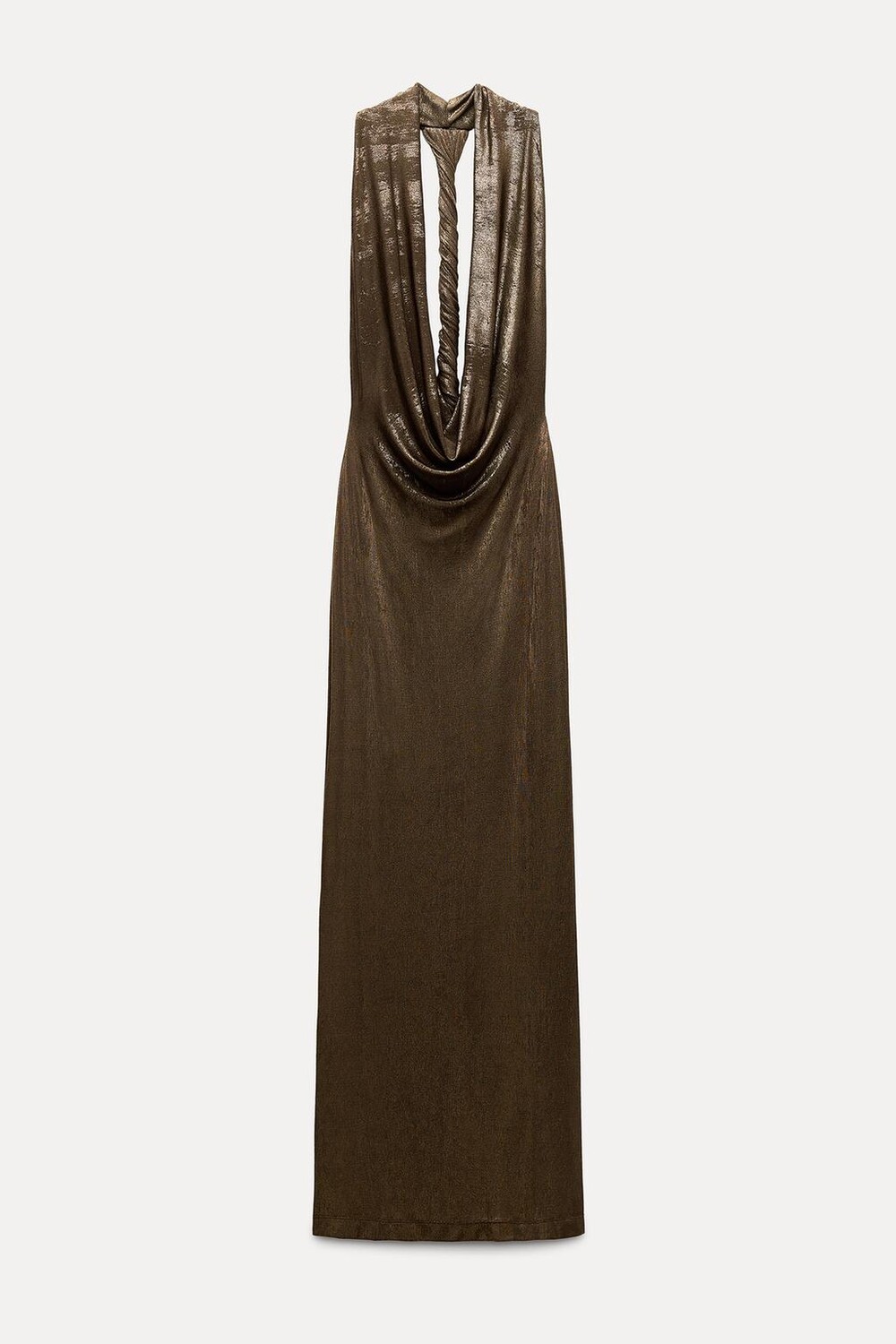 

Длинное платье с бретельками через шею из фольги ZARA, бронзовый