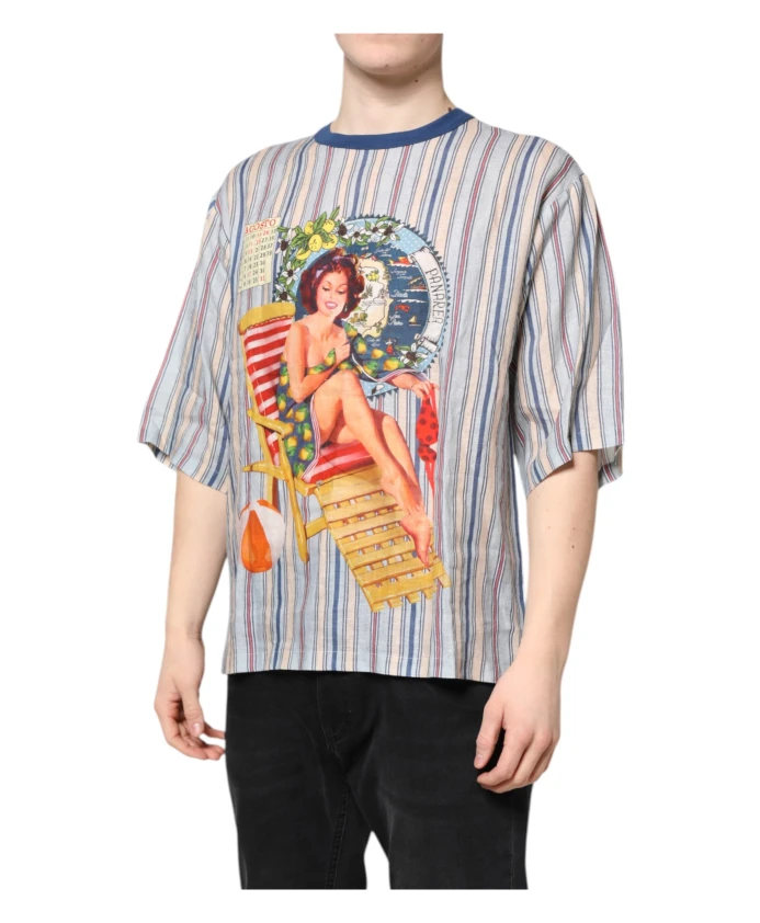 Полосатая льняная футболка в стиле пин-ап с круглым вырезом Dolce & Gabbana, мультиколор — фото 2