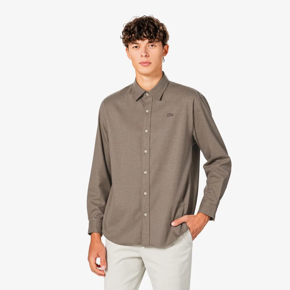 Мужская фланелевая однотонная рубашка бежевая от Lacoste