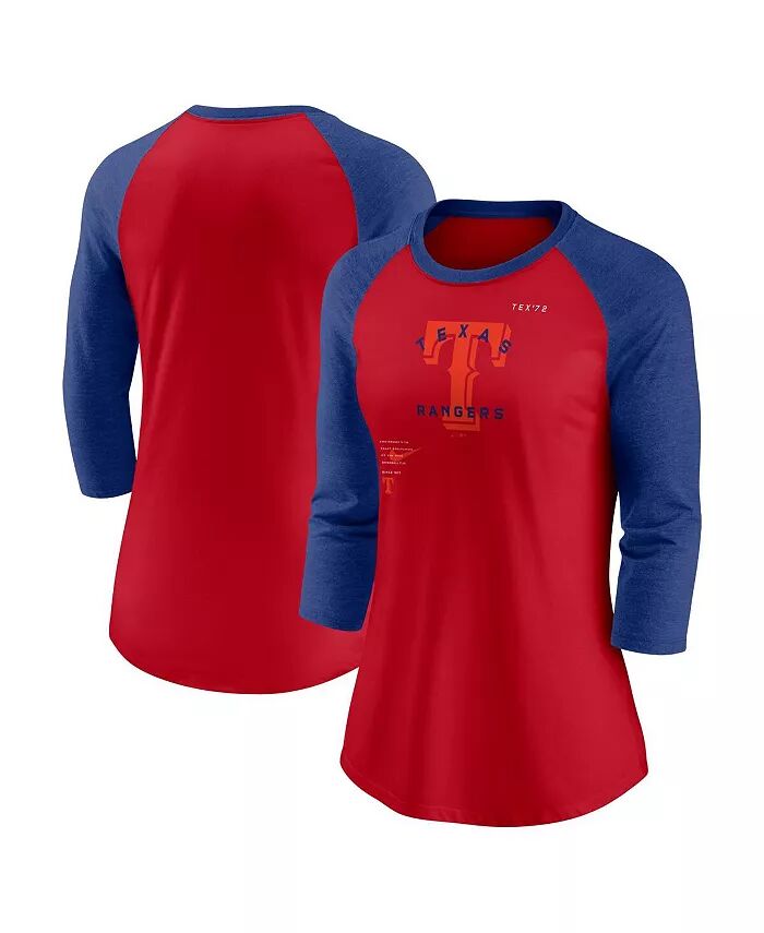 

Женская красная футболка Royal Texas Rangers Next Up Tri-Blend Raglan с рукавом 3/4 Nike