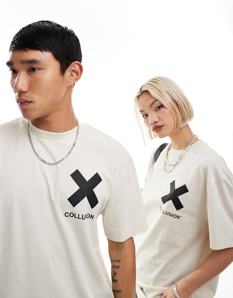 

COLLUSION Unisex – хлопковая футболка кремового цвета с логотипом