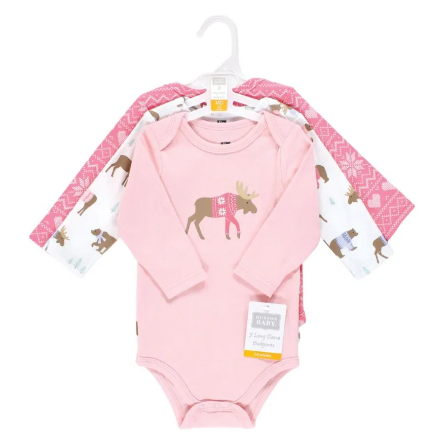 Комплект из 3 хлопковых боди с длинными рукавами Hudson Baby, розовый moose bear — фото 4