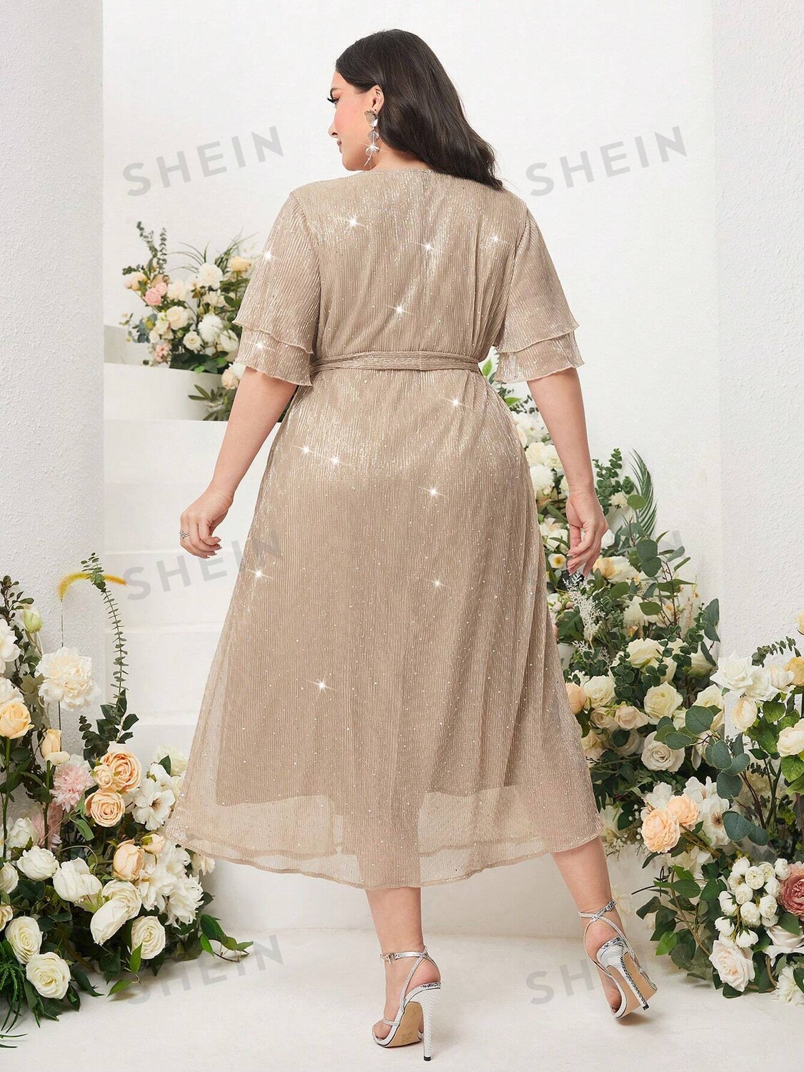 

Платье Modely Plus с завязками на талии, пайетки Shein, абрикосовый