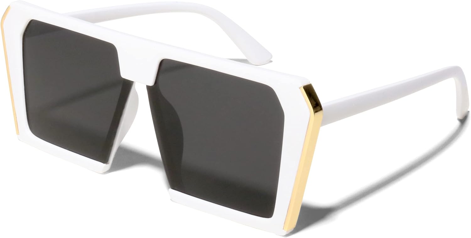 

ShadyVEU Большие трапециевидные солнцезащитные очки в стиле «Дива» с плоской верхней частью, винтажные дизайнерские очки для женщин и девушек, White Frame / Smoke Lens