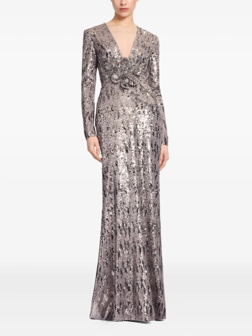 

Макси-платье с V-образным вырезом и украшением из пайеток Elie Saab, серый