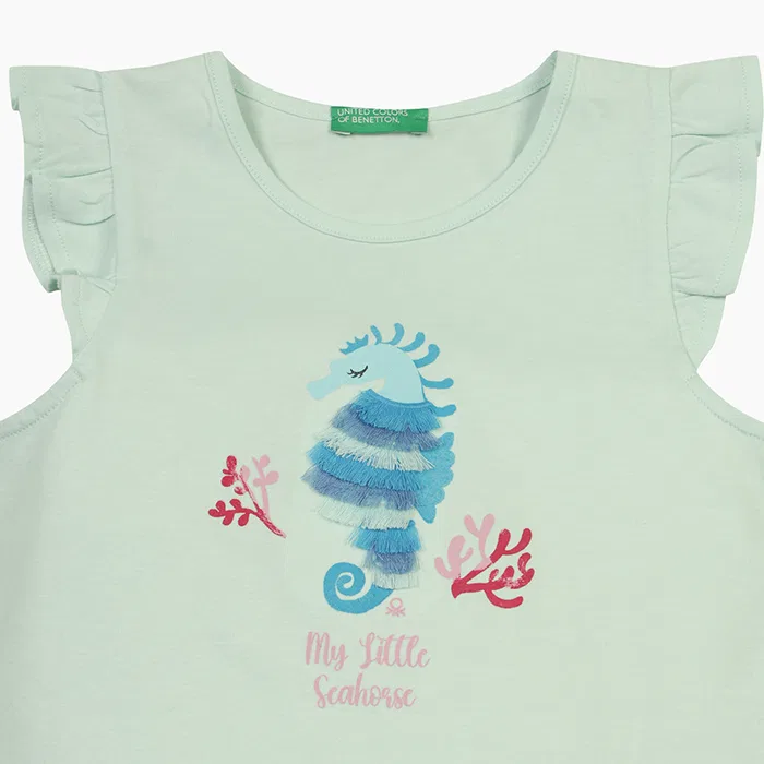 Детская мятная футболка с рюшами на рукавах от Benetton Kids — фото 3