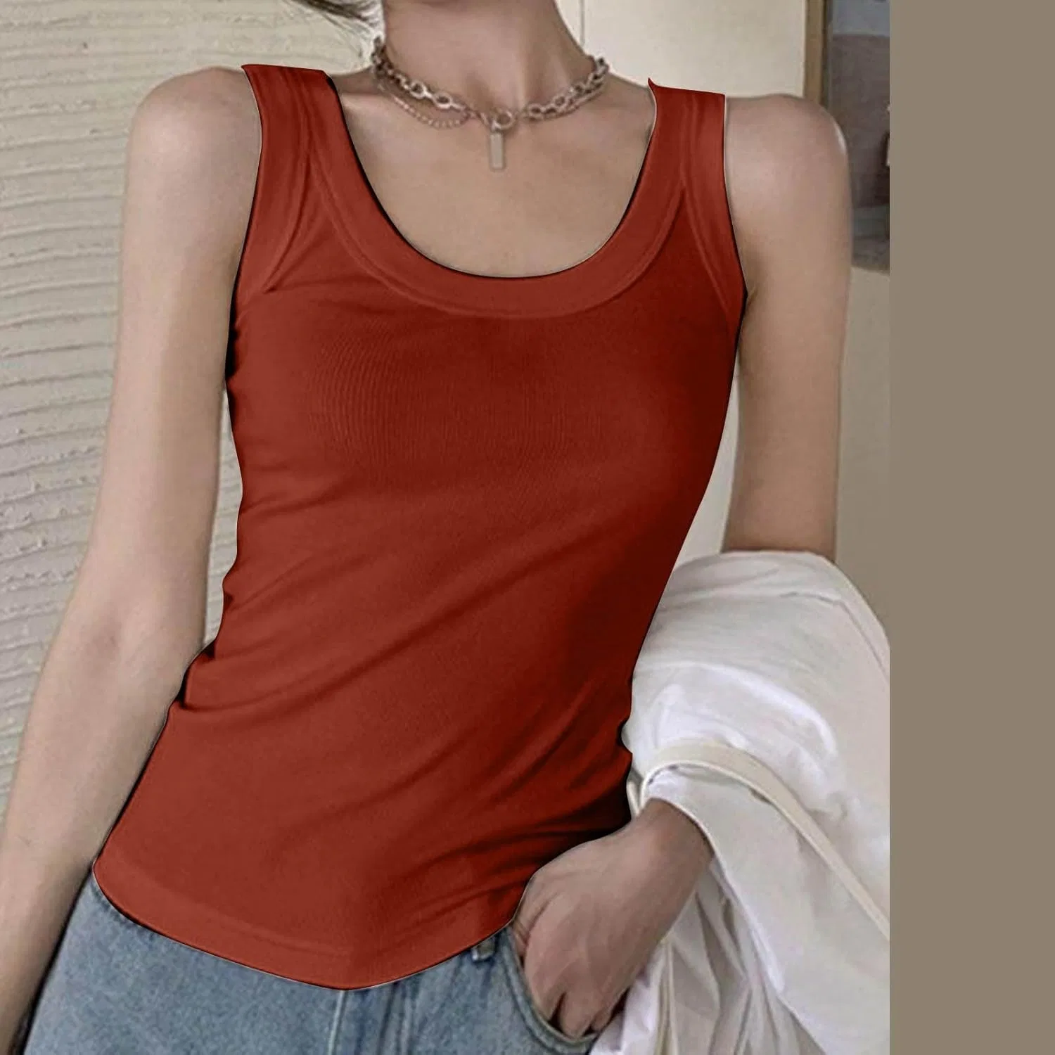 Женский топ-майка из хлопка и льна, sleeveless, watermelon Red — фото 4