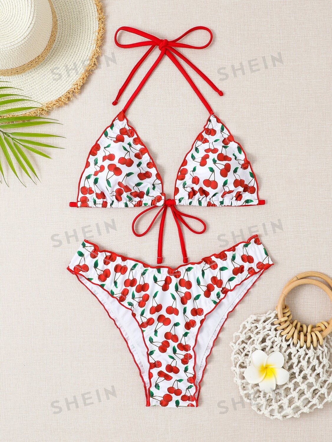 

Купальник бикини Swim Mod Треугольная форма, ремешок на шею, вишневый принт Shein, мультиколор