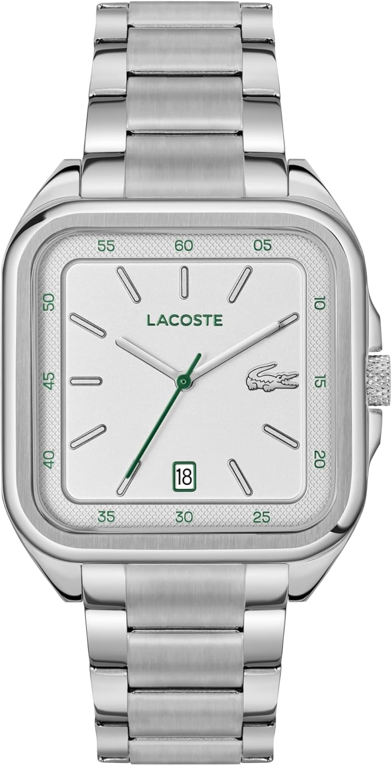

Lacoste.12.12 Up мужские кварцевые часы - прямоугольный корпус 39 мм - браслет-цепочка - 3-стрелочный аналоговый циферблат с функцией даты - культовый стиль - подарок для него, Silver