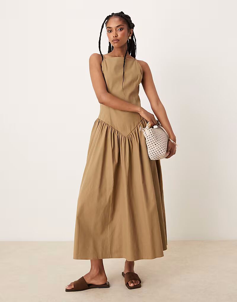 

Платье миди на бретельках с заниженной талией ASOS DESIGN цвета верблюжьей шерсти