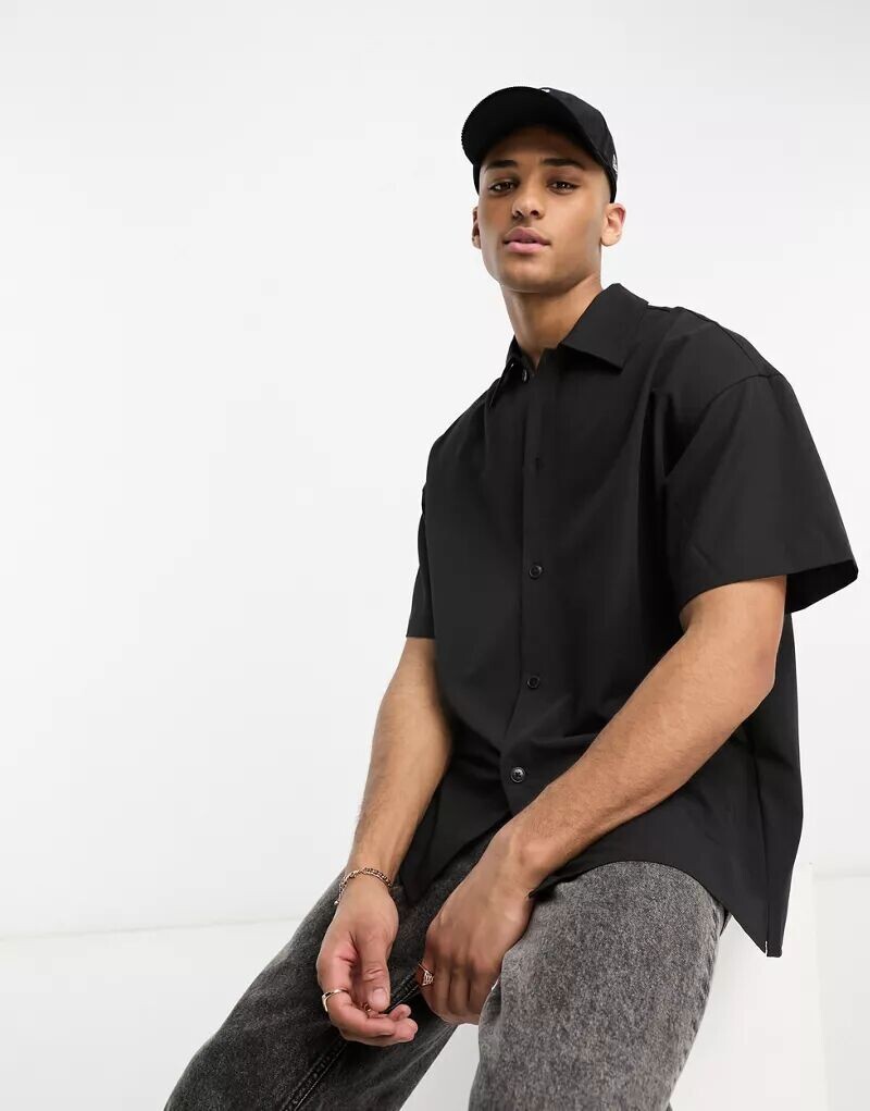 

Простая черная рубашка оверсайз с воротником с лацканами Jack & Jones Originals, Черный, Простая черная рубашка оверсайз с воротником с лацканами Jack & Jones Originals