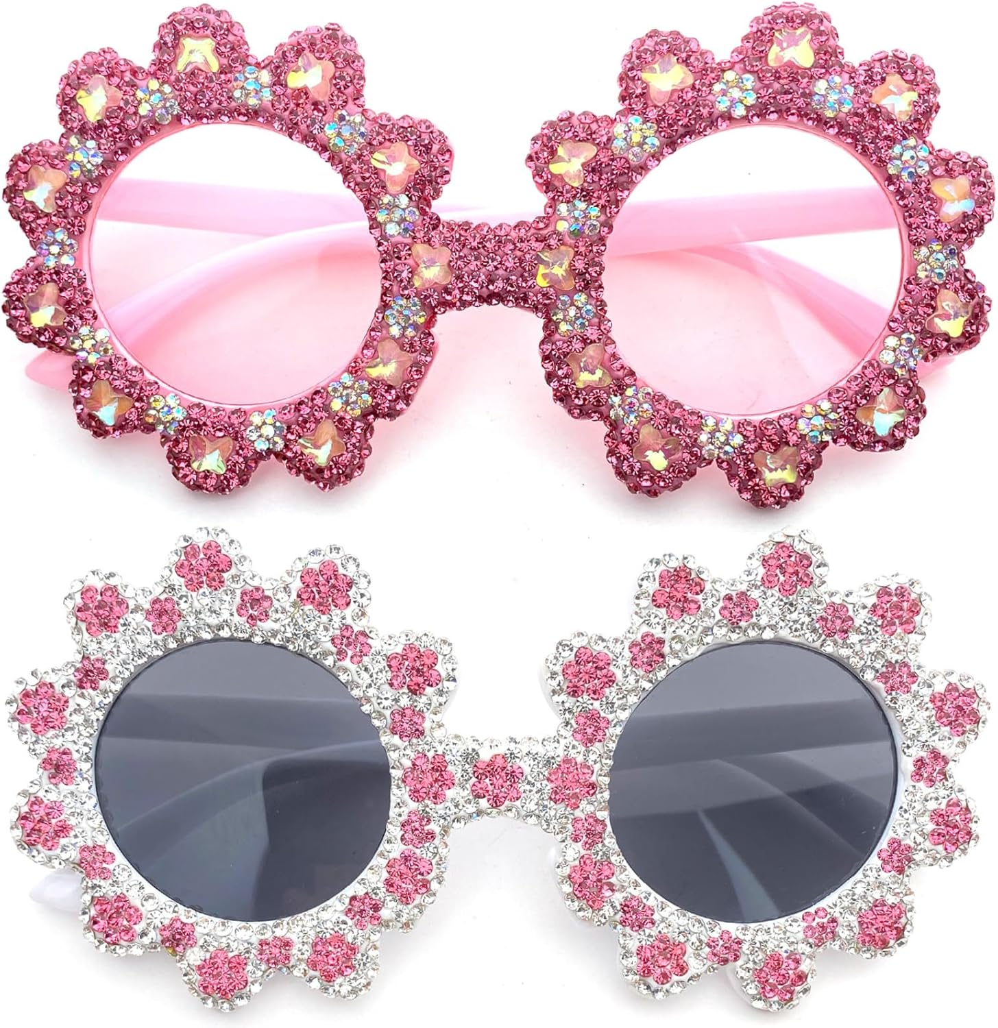 

Круглые солнцезащитные очки с цветочным узором и бриллиантами для женщин, роскошные, конфетного цвета, милые розовые солнцезащитные очки, блестящие, со стразами, защита от ультрафиолета UV400 mincl, 2pcs-white&pink