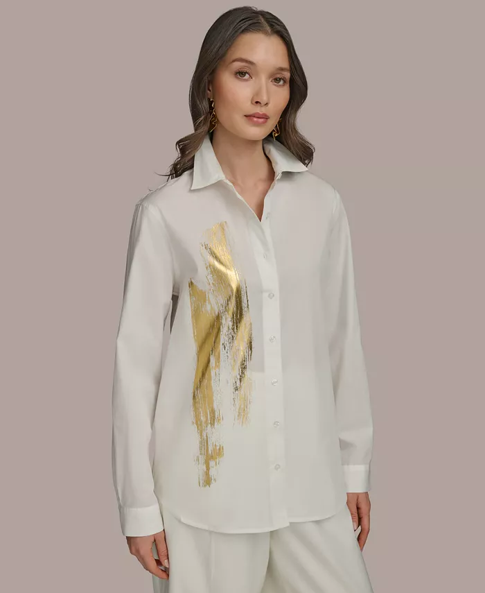 

Женская рубашка с металлическим эффектом и принтом в виде мазков кисти на пуговицах Donna Karan New York, белый