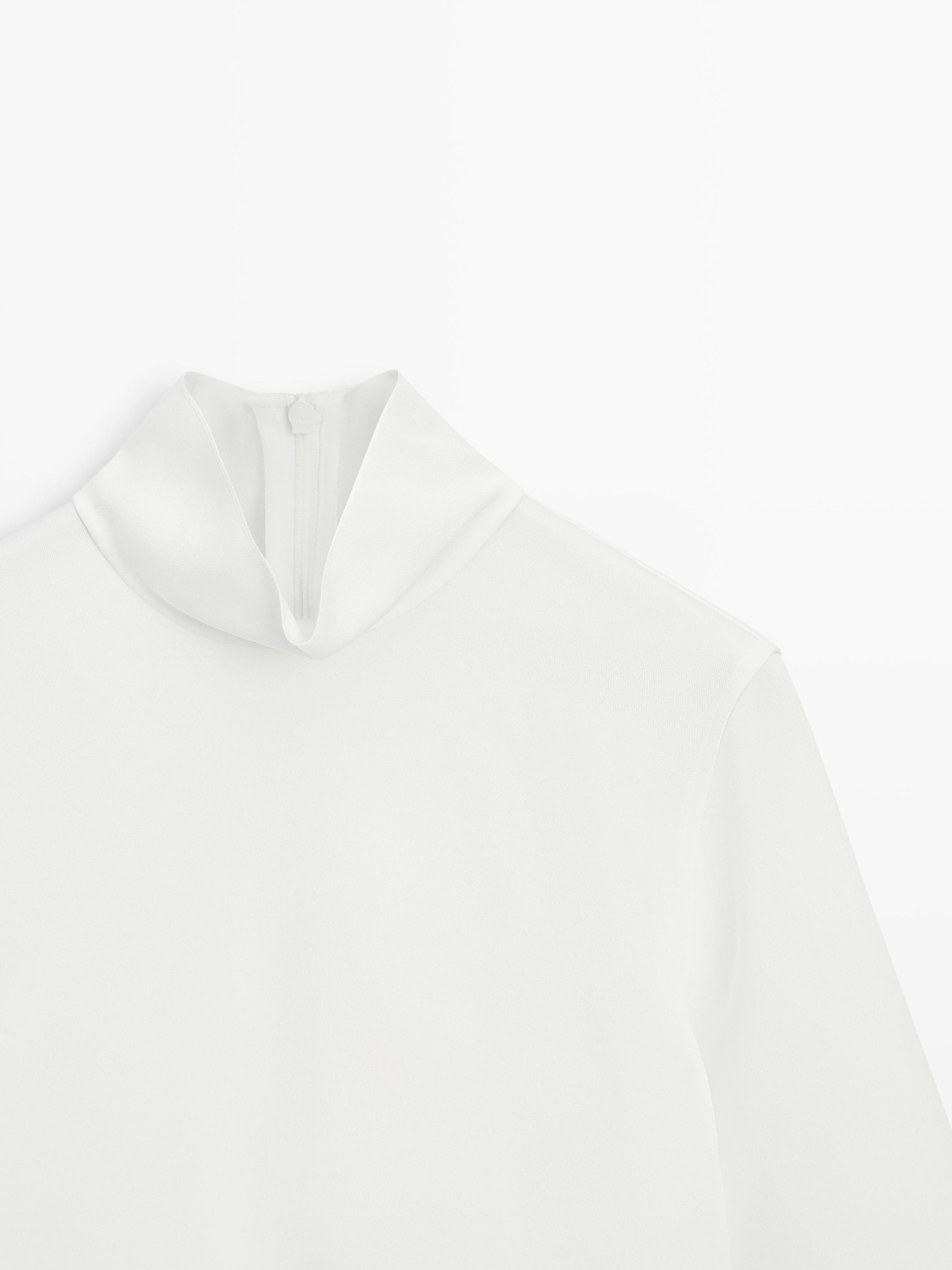 Блуза с высоким воротником и акцентом по низу Massimo Dutti, white — фото 4