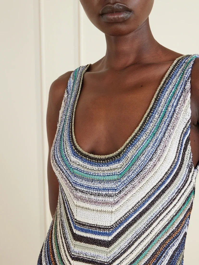 Полосатое металлическое трикотажное миди-платье крючком Missoni, синий — фото 4