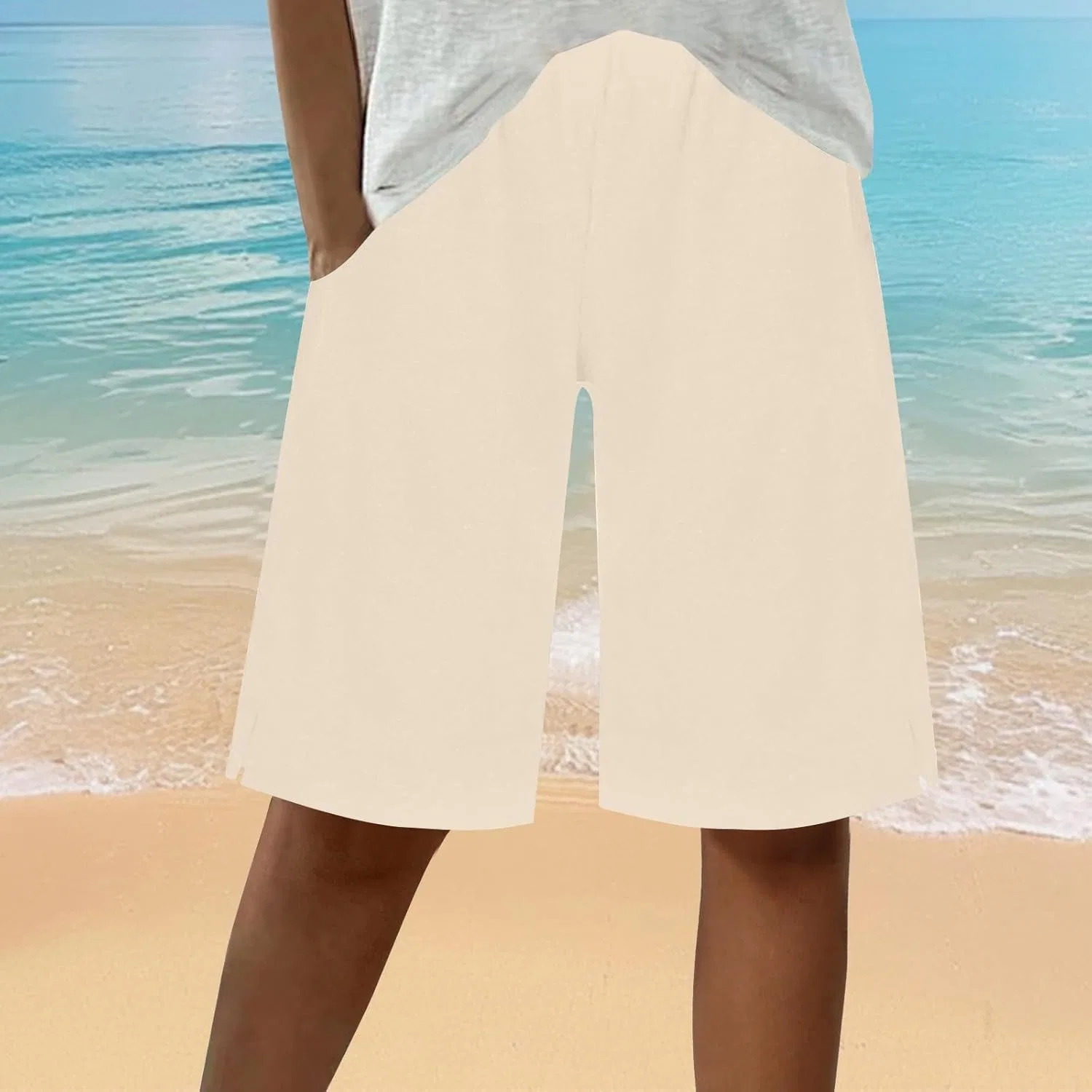 Шорты бермуды женские из льна, Elastic Waist, Khaki — фото 3