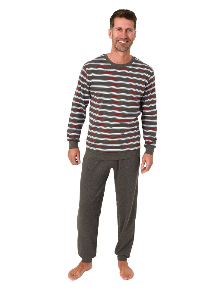 

NORMANN Длинный пижамный комплект с манжетами, уютный трикотаж интерлок серого меланжевого цвета