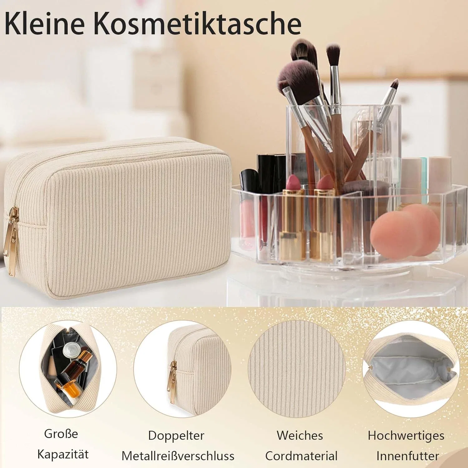 Женская косметичка из вельвета, 2 шт. Hiqiku, Beige — фото 4