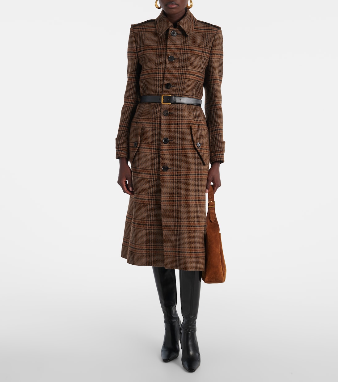 Шерстяное пальто в стиле принц Уэльский с поясом Saint Laurent, Marron Beige Roux — фото 2