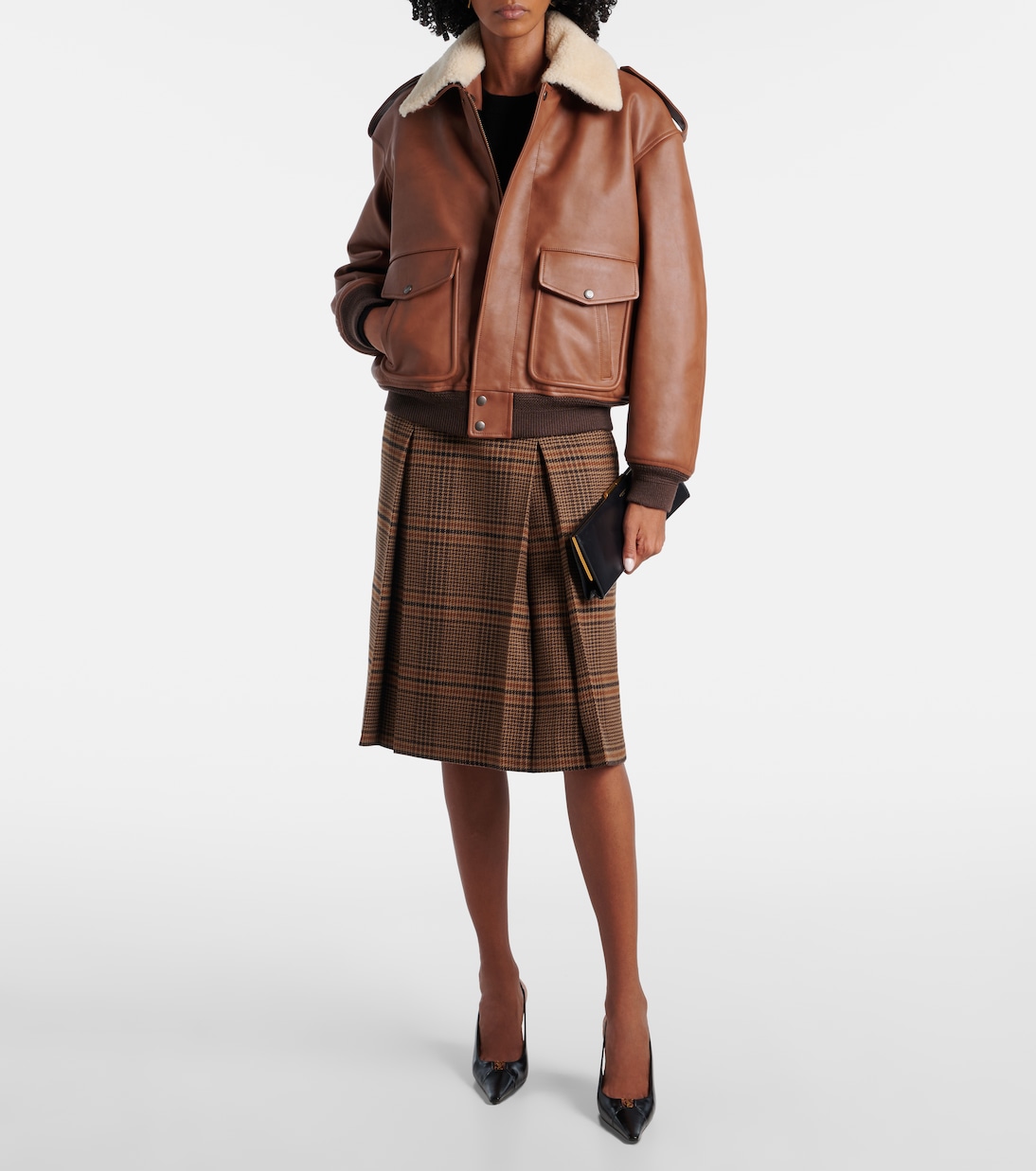 Кожаная куртка-бомбер с отделкой из овчины Saint Laurent, Marron Terracotta — фото 2