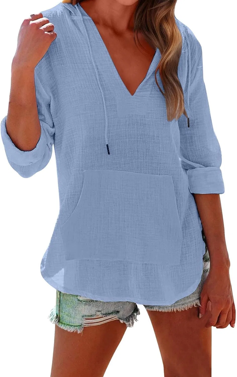 Женская худи с капюшоном из льна, с карманами, Sky Blue