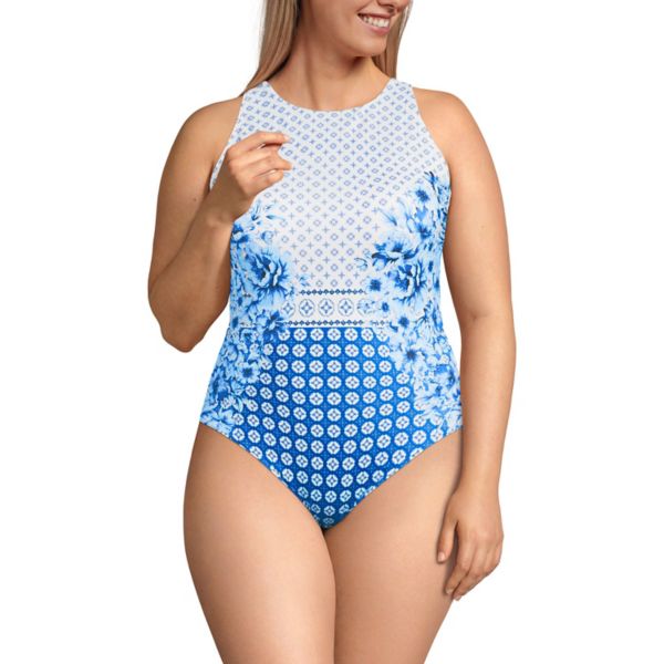 

Купальник слитный с высоким вырезом больших размеров Lands' End, цвет white mosaic floral