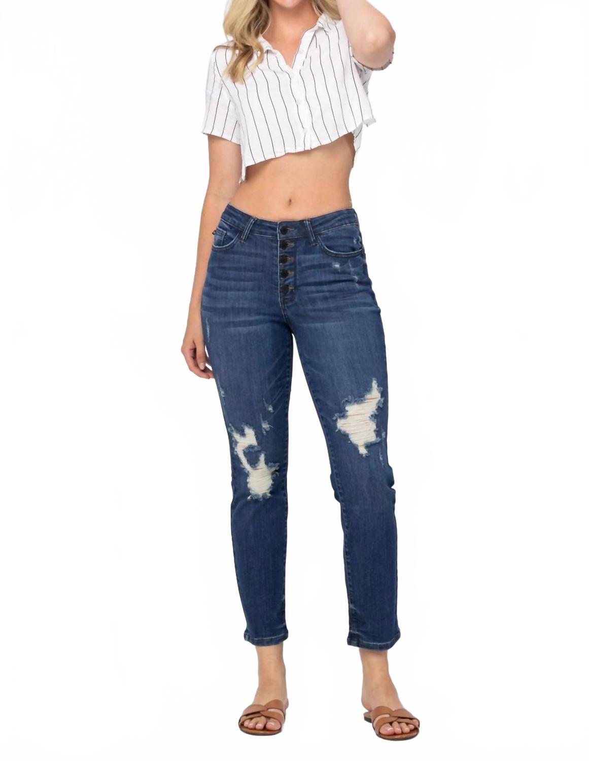 

Джинсы-бойфренды с высокой талией, зигзагообразной застежкой на пуговицы и рваными элементами из денима Judy Blue, denim