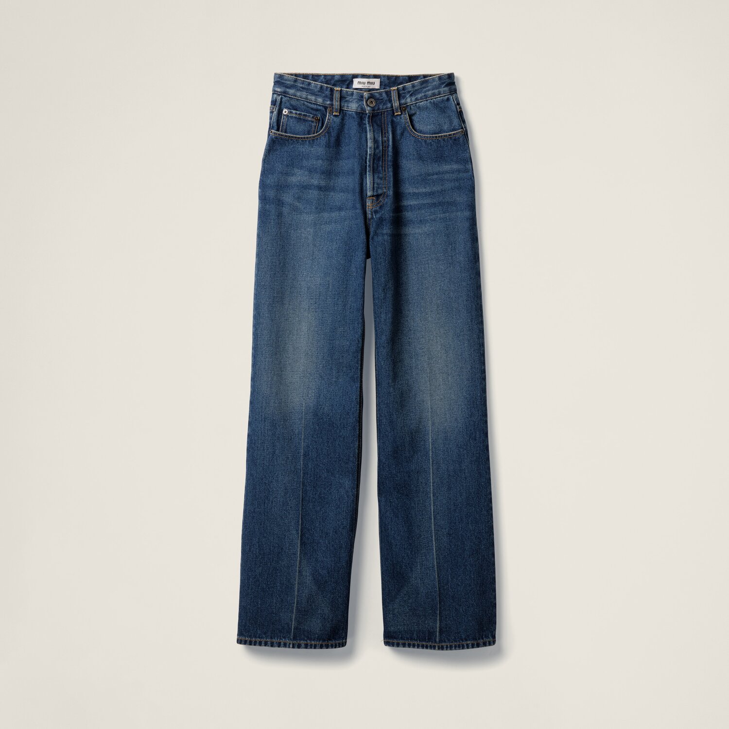 

Джинсы-клеш из вареного денима MIU MIU, темно-синий